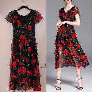 Black V Neck Applique 3D Rose Elegant Midi Dress